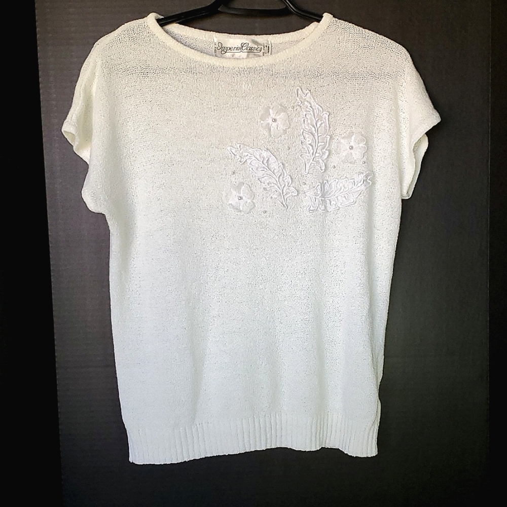 Imperial Classics White Knit Cap Sleeve TShirt with Embroidered Leaves - Large